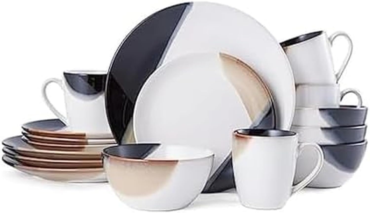 Gourmet Basics by Mikasa Caden 16-Piece Stoneware Dinnerware Set — Service for 4, Reactive Glaze, Black/Tan & White Finish, Microwave & Dishwasher Safe, Everyday & Formal Use