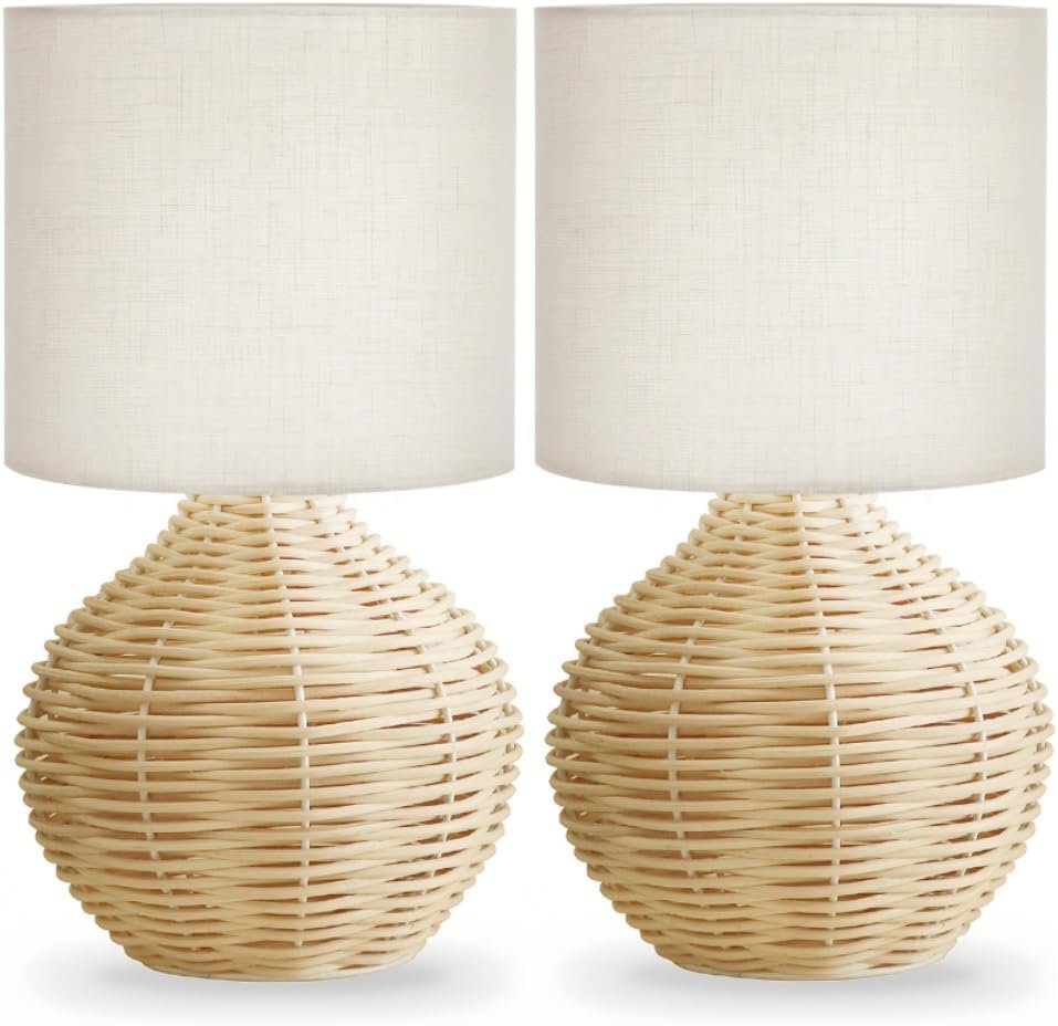 Rattan Bedside Table Lamp Set of 2, Boho Farmhouse Style with Cotton Linen Lampshade, 11.8 Inch Small Nightstand Lamp with E12 LED Warm Light Bulb, One-Button Switch for Bedroom Living Room Office