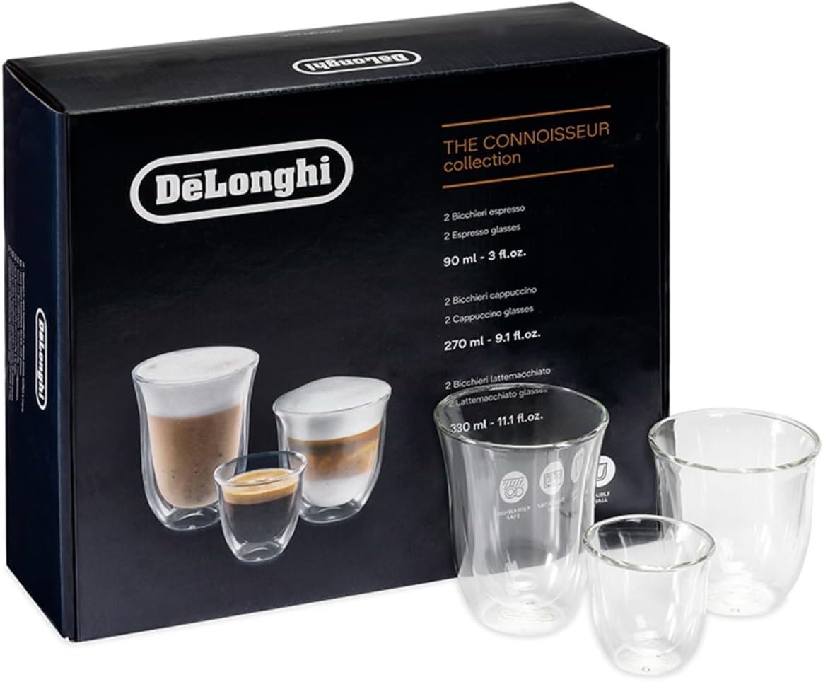 DeLonghi Coffee Connoisseur Glasses (set of 6): 2 Espresso, 2 Cappuccino, 2 Latte Macchiato