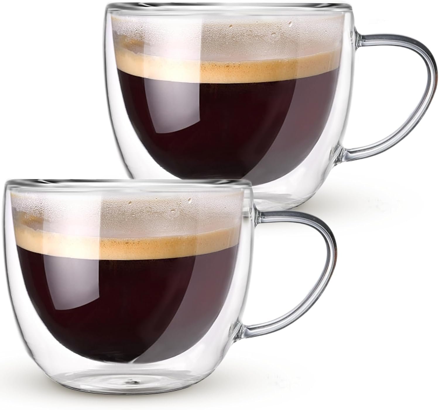 Double Walled Glass Coffee Mugs Set of 2, 8 oz Hand Blown Insulated mugs with Handle, Clear Coffee Mugs for Cappuccino, Latte, Espresso, Americano, Tea Bag, Beverage Glasses Heat Resistant Coffee Cups