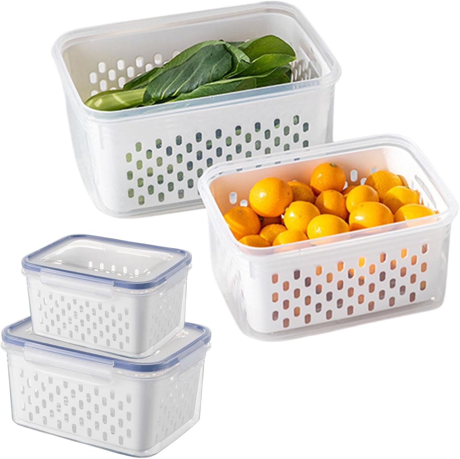 2 Pack Fruit Storage Containers for Fridge with Removable Colanders, Dishwasher & Microwave safe Produce Storage Containers with Lids Keep Fruits, Vegetables, Berry, Meat Fresh longer