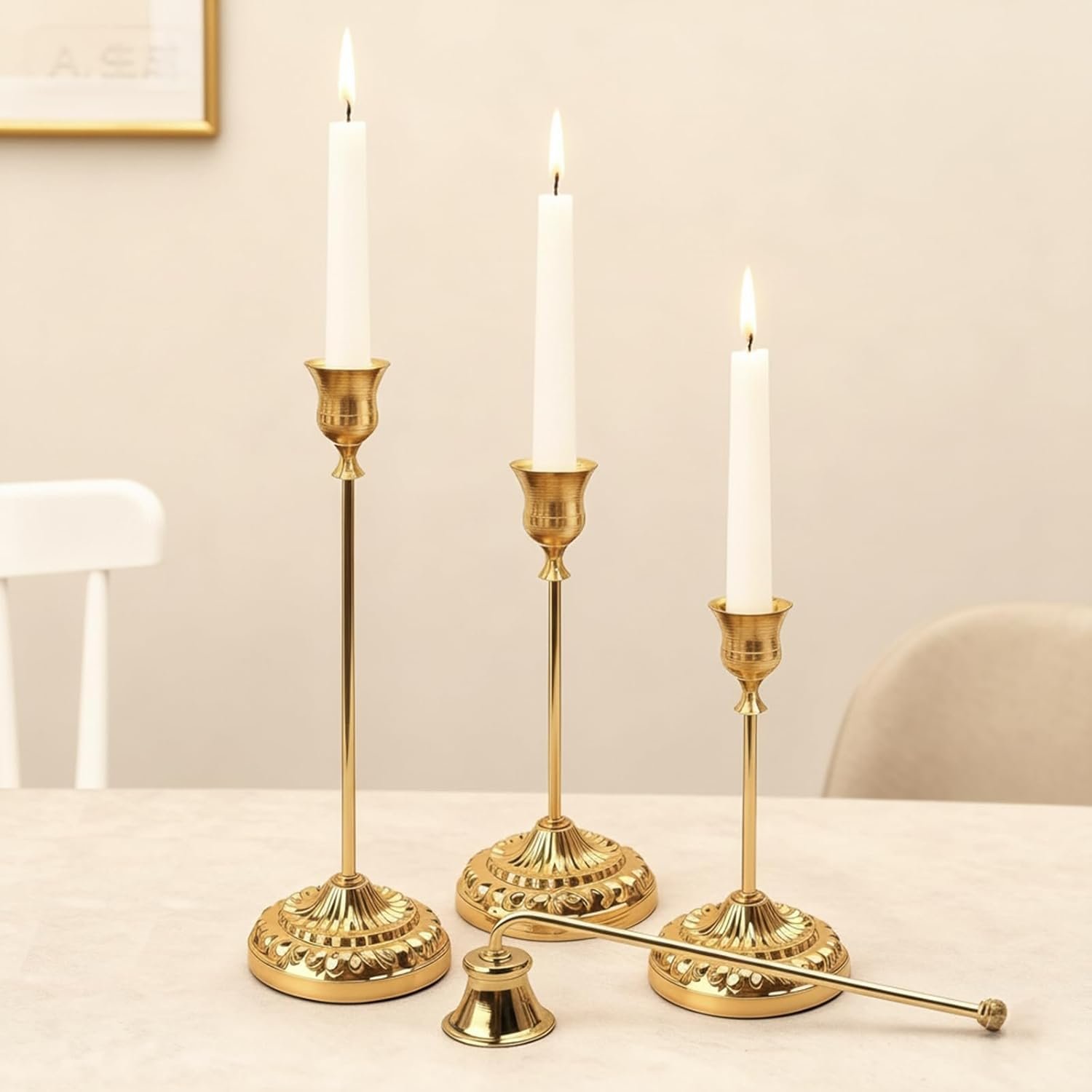 BEAHOT Gold Candle Holders, Set of 3 with Matching Candle Snuffer – Elegant Durable Non-Slip Candlestick Holders for Christmas Decorations Wedding Centerpiece, Dining Table & Home Gift Display