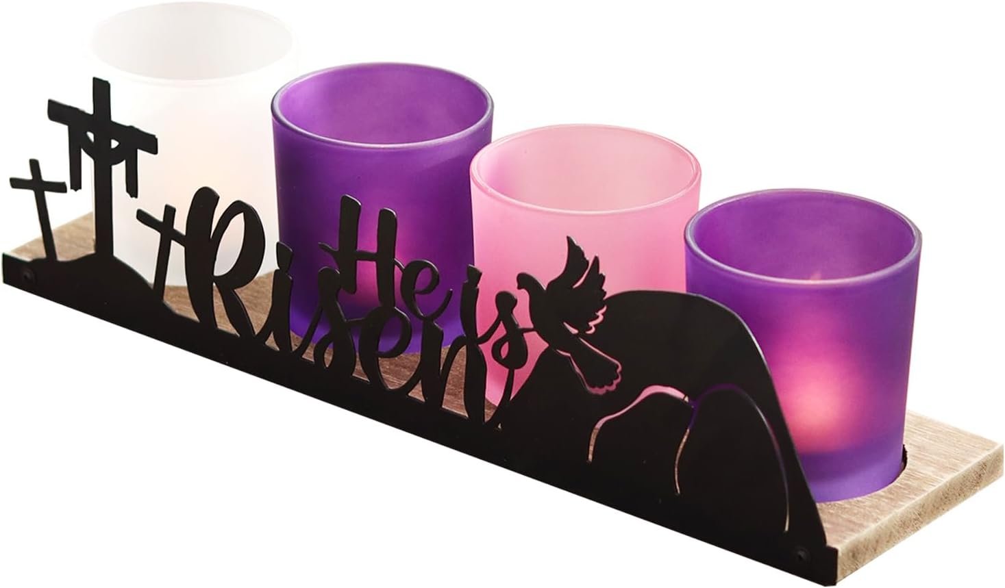 He is Risen Easter Decor, 4 Glass Votive Tealight Candle Holders & 1 Wooden Tray, Easter Religious Decor for Church Event Pray Table Centerpiece, Christian Gift