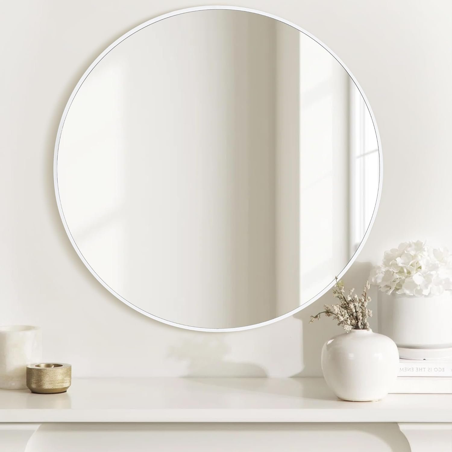 White Round Mirror, 24 Inch Circle Bathroom Vanity Mirror for Wall, Modern Tempered Glass Mirror for Entryway or Living Room