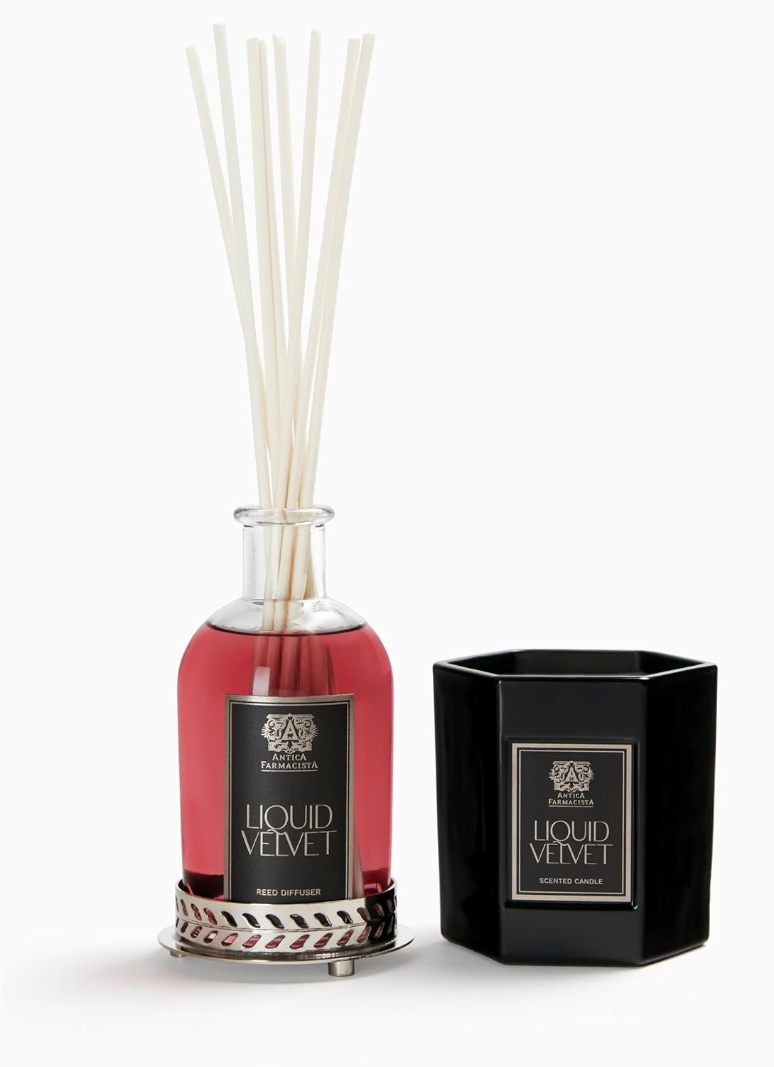 Antica Farmacista Nickel Home Ambiance Gift Set – Luxury Scented Candle (9 oz), Reed Diffuser (8.4 fl oz) & Nickel-Plated Tray – Home Decor Gift Box – Liquid Velvet