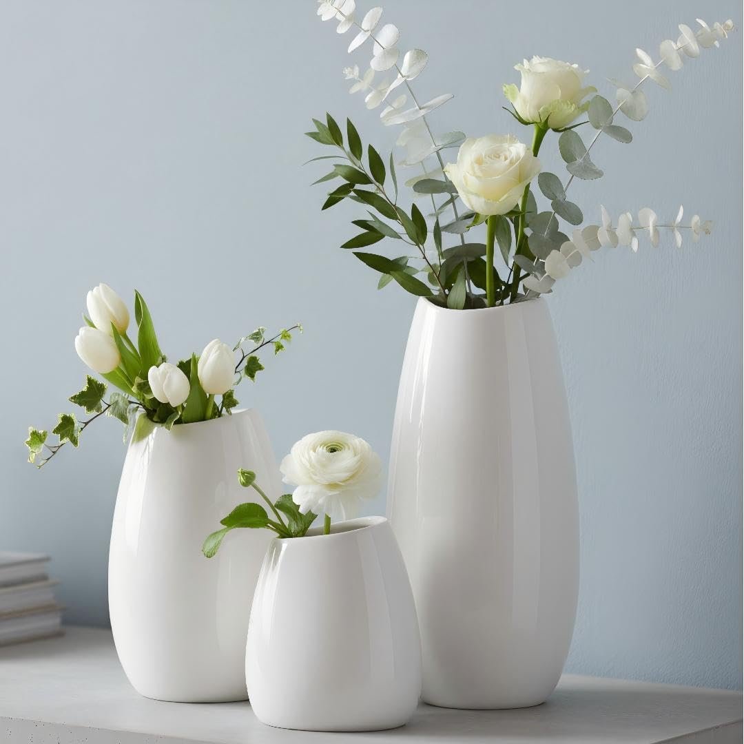 hjn Ceramic Vase Set of 3 White Flower Vase for Home Decor, Modern Decorative Vases for Flowers/Ideal Shelf Decor/Table/Living Room/Kitchen/Office-White