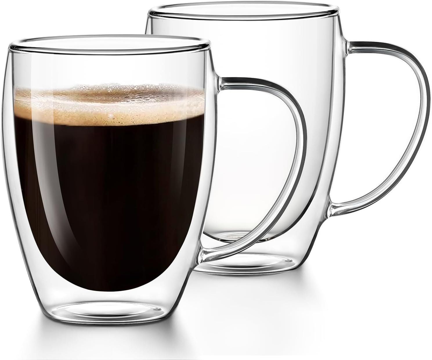 Double Walled Glass Coffee Mugs Set of 2, 12.5OZ Hand Blown Insulated Clear Glass Coffee Cups with Handle,Perfect for Latte,Cappuccino, Espresso, American,Tea Bag, Beverage