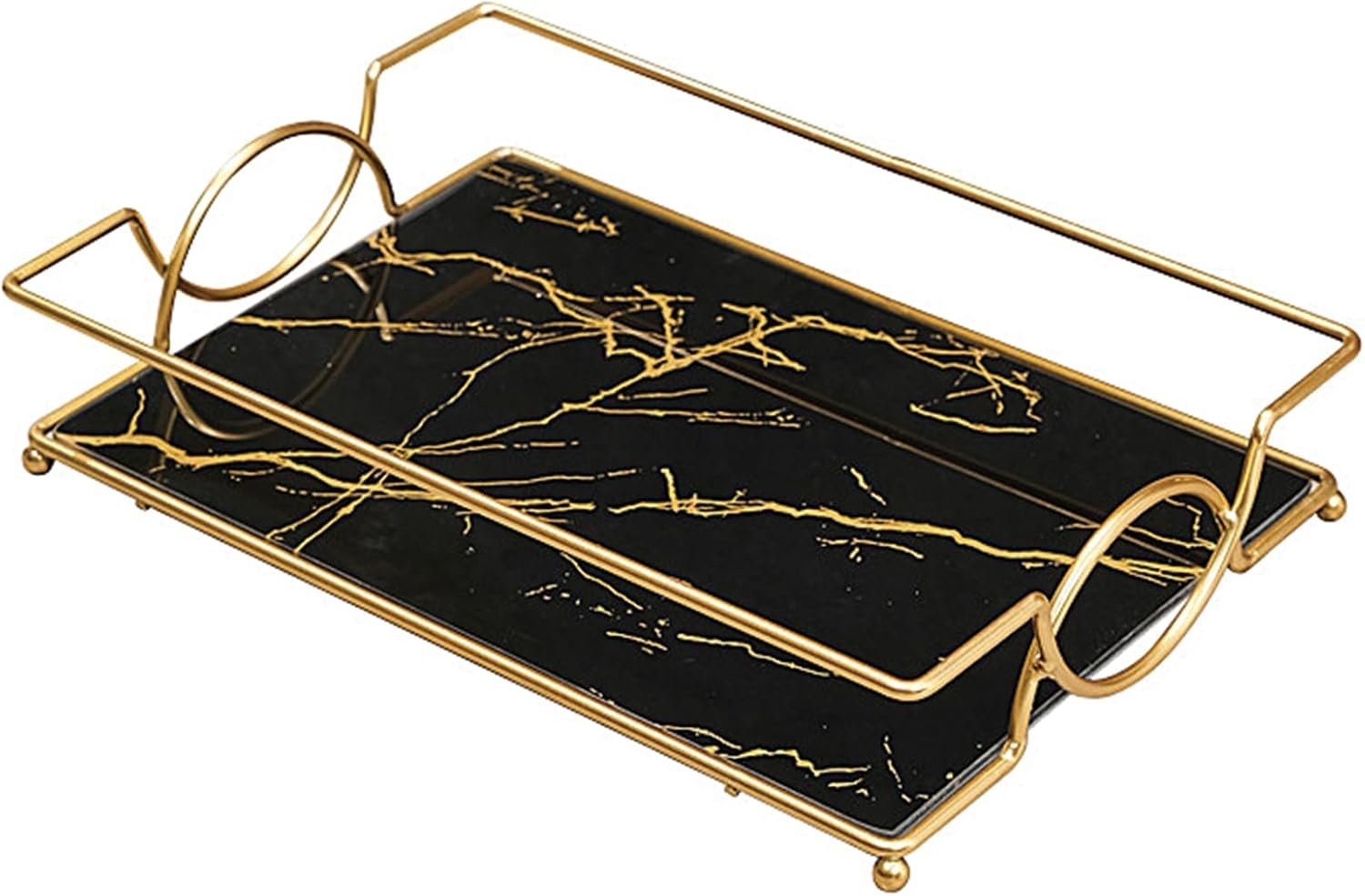 Vanity Tray Luxury Bathroom Counter Tray Glass Perfume Organizer Holder Cosmetics Makeup Skincare Display Decorative Vanity Trays for Bathroom Dresser Bedroom (Black Gold, L)