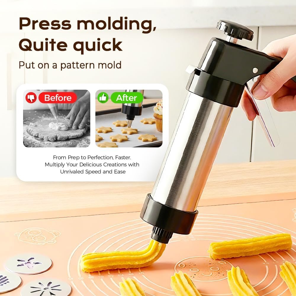Cookie Press gun kit with 13 Stainless Steel Discs, Cookie Press Gun Kit for Biscuits, Cream Piping, Melting Bean Baking for Cookies & Decorating (Stainless Steel Black)