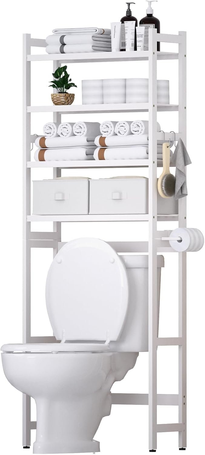 Over The Toilet Storage with 2 Baskets, 4-Tier Bamboo Organizer Rack with Paper Holder & 4 Hooks & Waterproof Feet Pad,Freestanding Shelf for Bathroom(White)