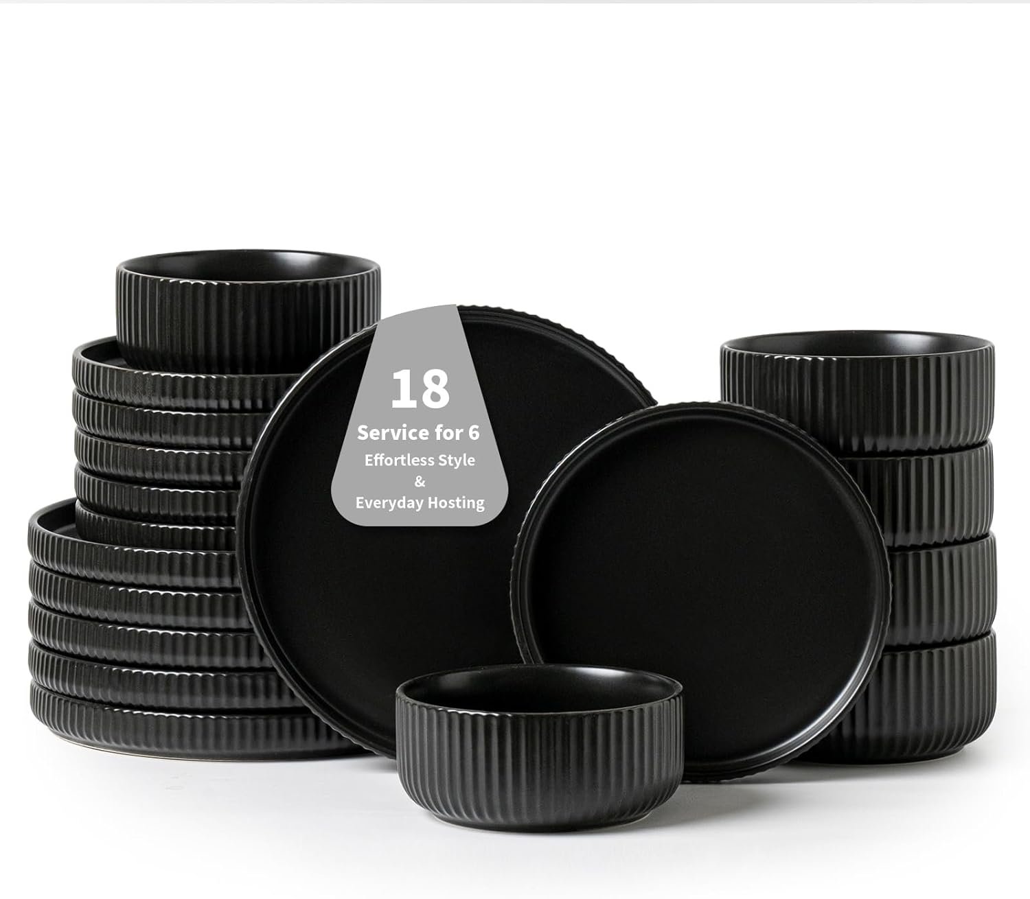 Modern Plates and Bowls Set for 6,18 Piece Black Ceramic Dinnerware for Stylish Families – Microwave Safe Dish Set for Daily Dining
