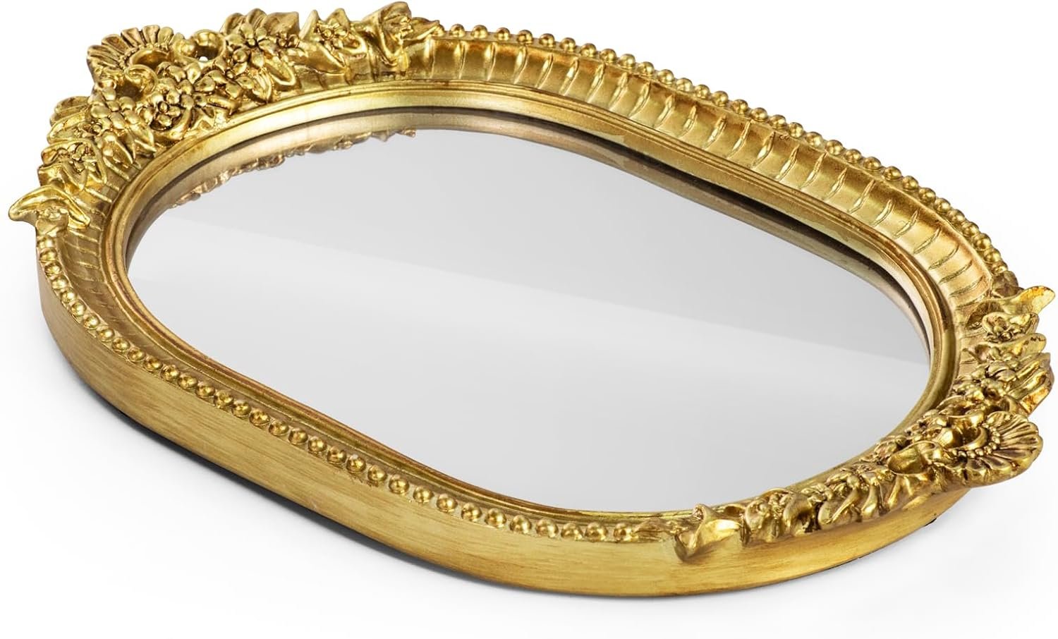 GUOER Vintage Antique Decorative Bathroom Vanity Tray Decor Mirror Tray for Dessert Table Coffee Table Vanity Home Decor Serving Tray with Handle Gold