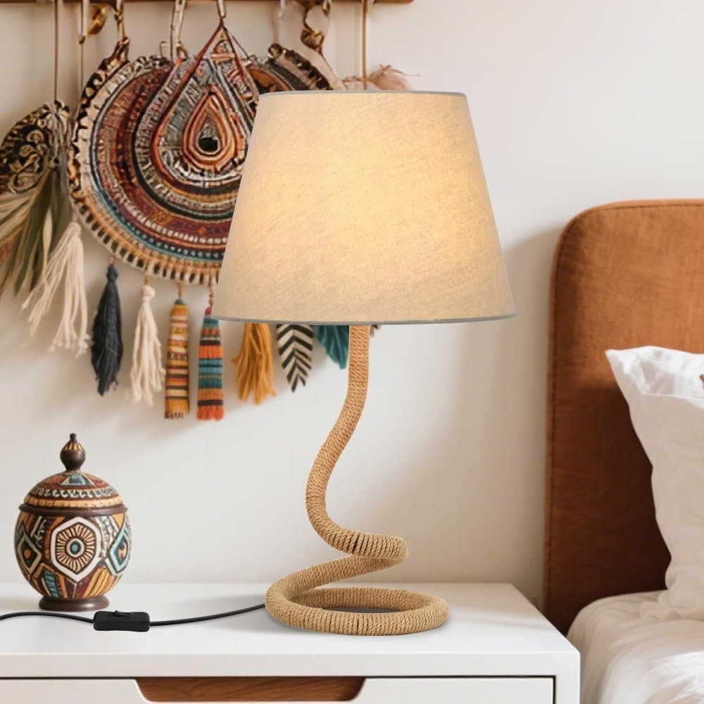 Boho Table Lamp with Beige Fabric Shade,Rattan Bedside Lamps for Living Room Bedroom,Rope Desk Light Lamps for Home Office,Bed Side Desktop Lamp,Costal Farmhouse Decor Table Light,E26 E27 Base,No Bulb