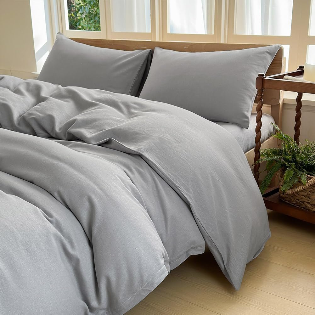 100% French Flax Linen Duvet Cover Set Queen, 3-Piece Soft Breathable Cooling Bedding for Hot Sleepers, Natural Washed Linen with Zipper Closure & 8 Corner Ties (Queen, Grey)