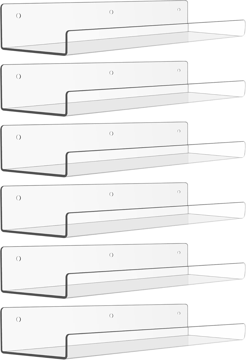 upsimples 6 Pack Acrylic Shelves for Wall Storage, 15″ x 4“ Floating Bookshelves for Kids, Display Shelf Organizer for Bathroom, Bedroom, Living Room, Kitchen, Room Decor, Clear