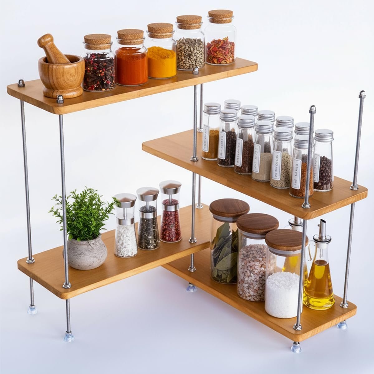 VINIUSIKI Adjustable 4 Tier L-Shaped Countertop Shelf Organizer, DIY Kitchen Corner Spice Rack for Countertop, Wood Coffee Counter Shelf Organizer for Home Office – 15.7″x15.7″x16.14″ (LxWxH), Wood