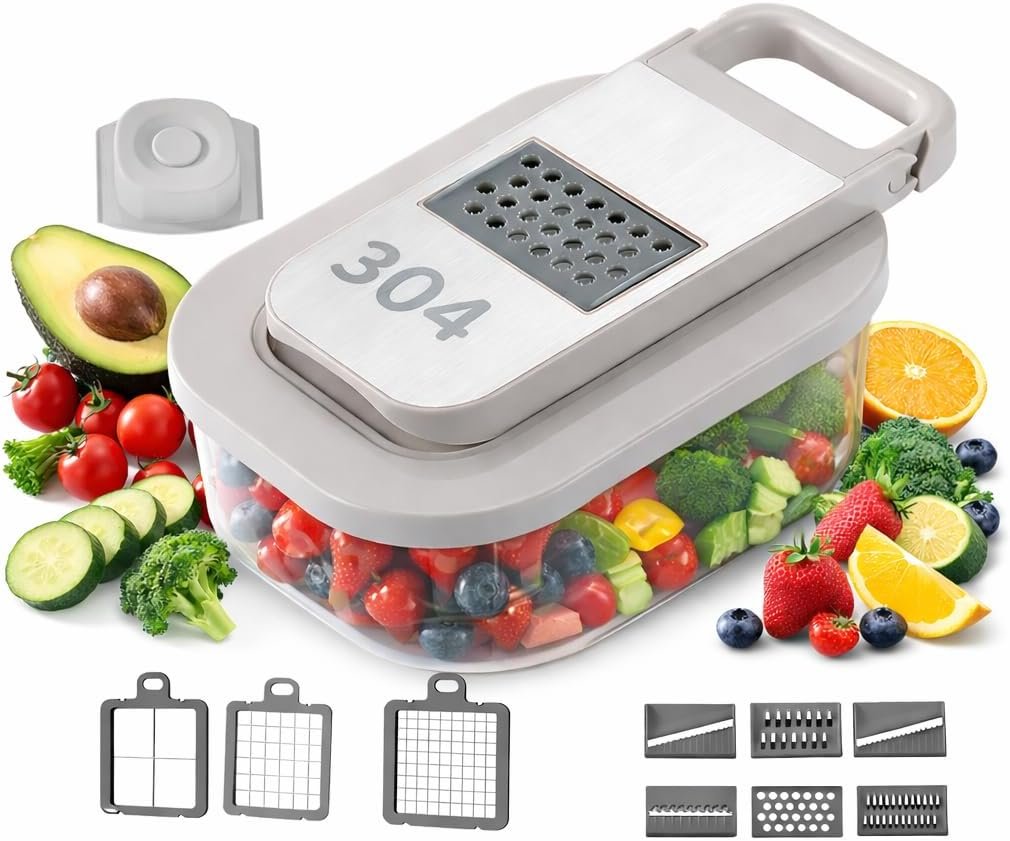 All-in-One Food Chopper & Mandoline Slicer, 9-in-1 Vegetable Chopper with Interchangeable Stainless Steel Blades, BPA-Free Manual Onion Dicer, Julienne & Grater with Container