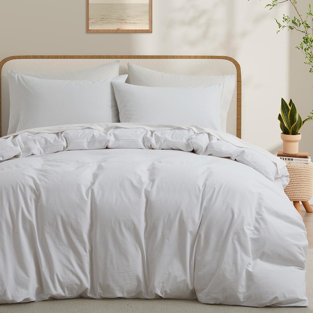 100% Washed Cotton Duvet Cover Queen Size, White Linen Like Breathable Natural Bedding Set (No Comforter), 90×90 Inches