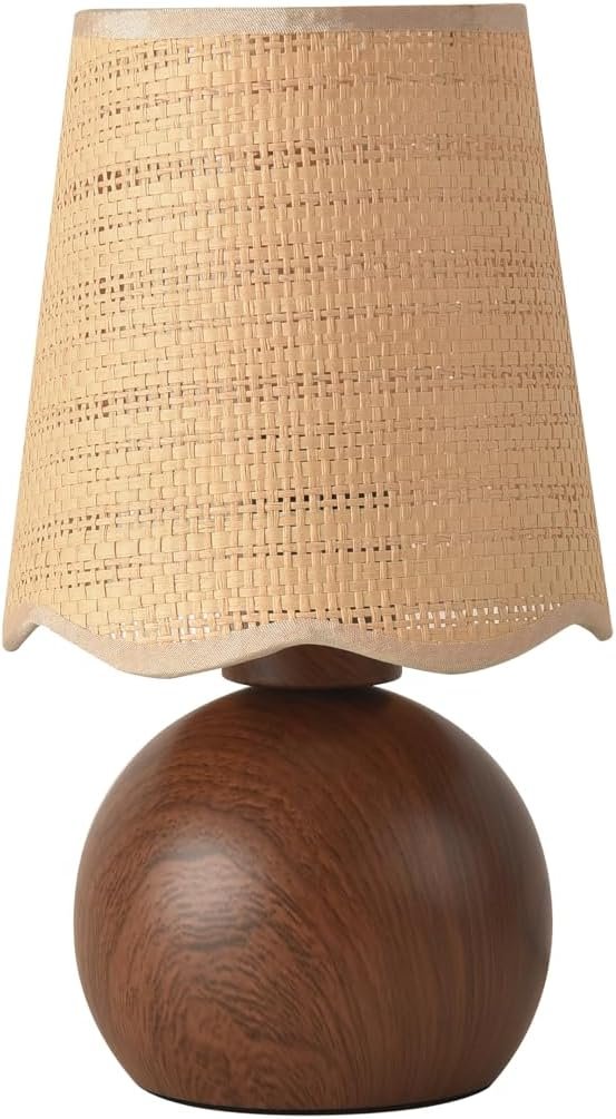 Minimalist Rattan Table Lamp, 11′ Height, Woven Lampshade & Walnut-Style E26 Socket Metal Base, Bedside Nightstand Desk Light, Boho Modern Decor for Bedroom Livingroom (Bulb Not Included)