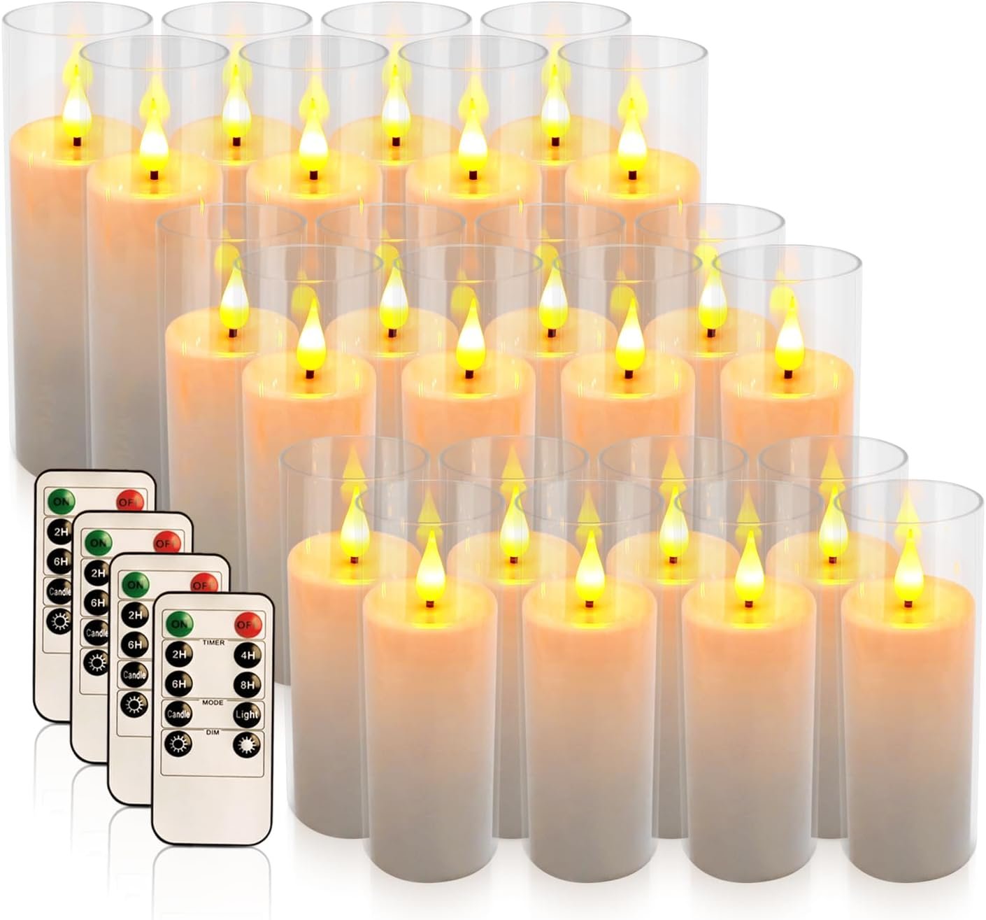 24-Pack Premium Flameless LED Candles – Elegant White & Clear Acrylic Pillar Design with Realistic Flickering Flame, Remote Control & Timer for Weddings, Christmas, Halloween & Home Decor