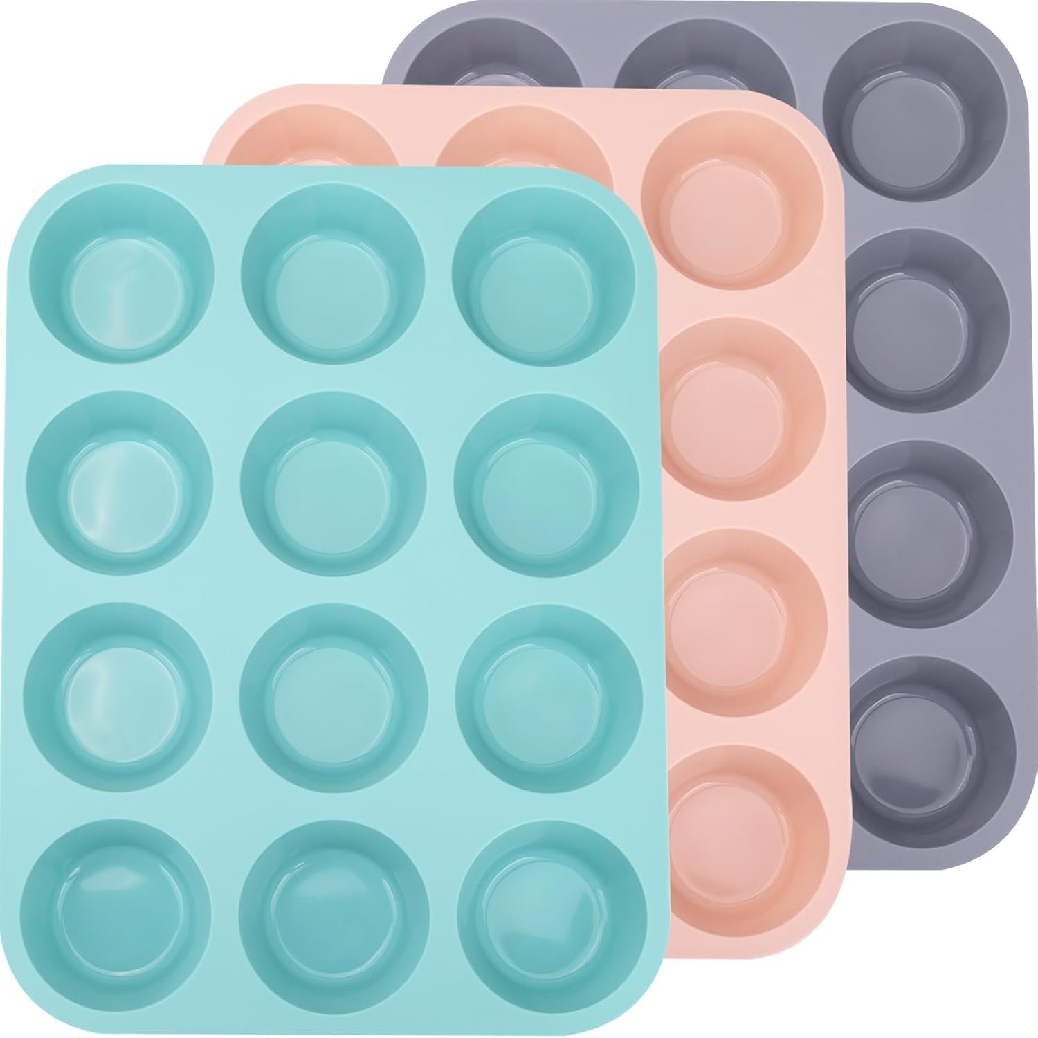 3 Pack 12 Cups Silicone Muffin Pan,Nonstick Regular Silicone Cupcake Pan, For Making Muffin Cakes, Tart and Bread
