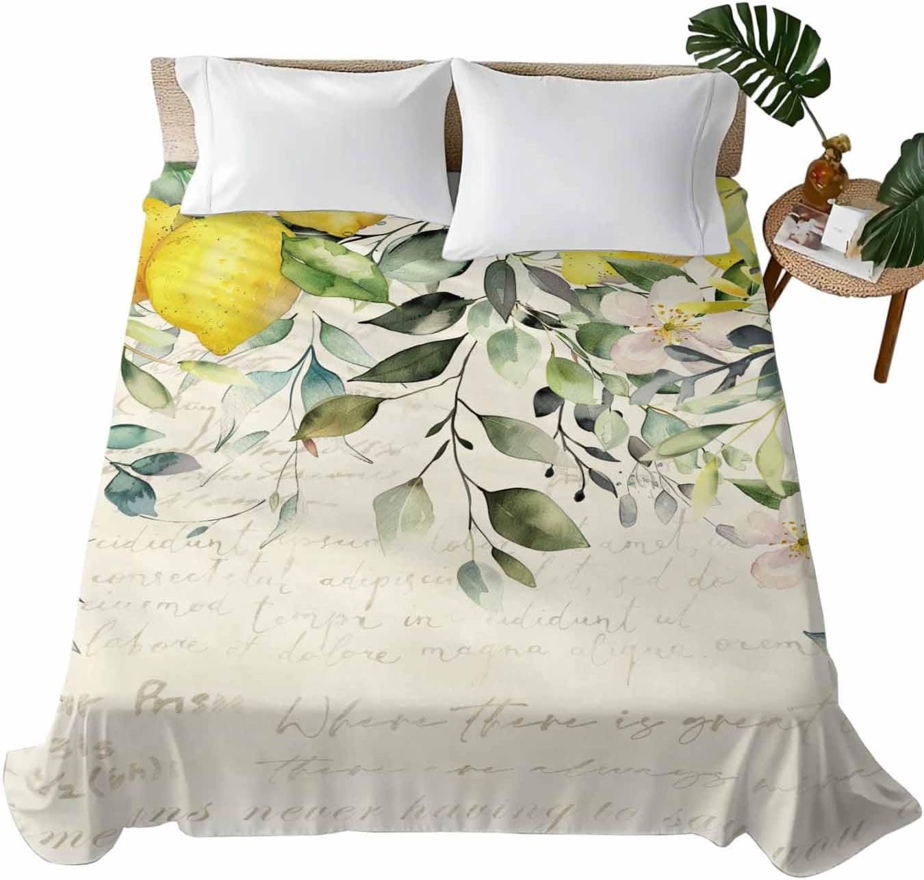 Queen Size Flat Bed Sheet,Eucalyptus Lemon Microfiber Brushed Single Flat Sheet Only,Vintage Weeping Floral Leaf Spring Summer Soft & Breathable Top Sheet Lightweight Quilt Hotel Luxury Bedding