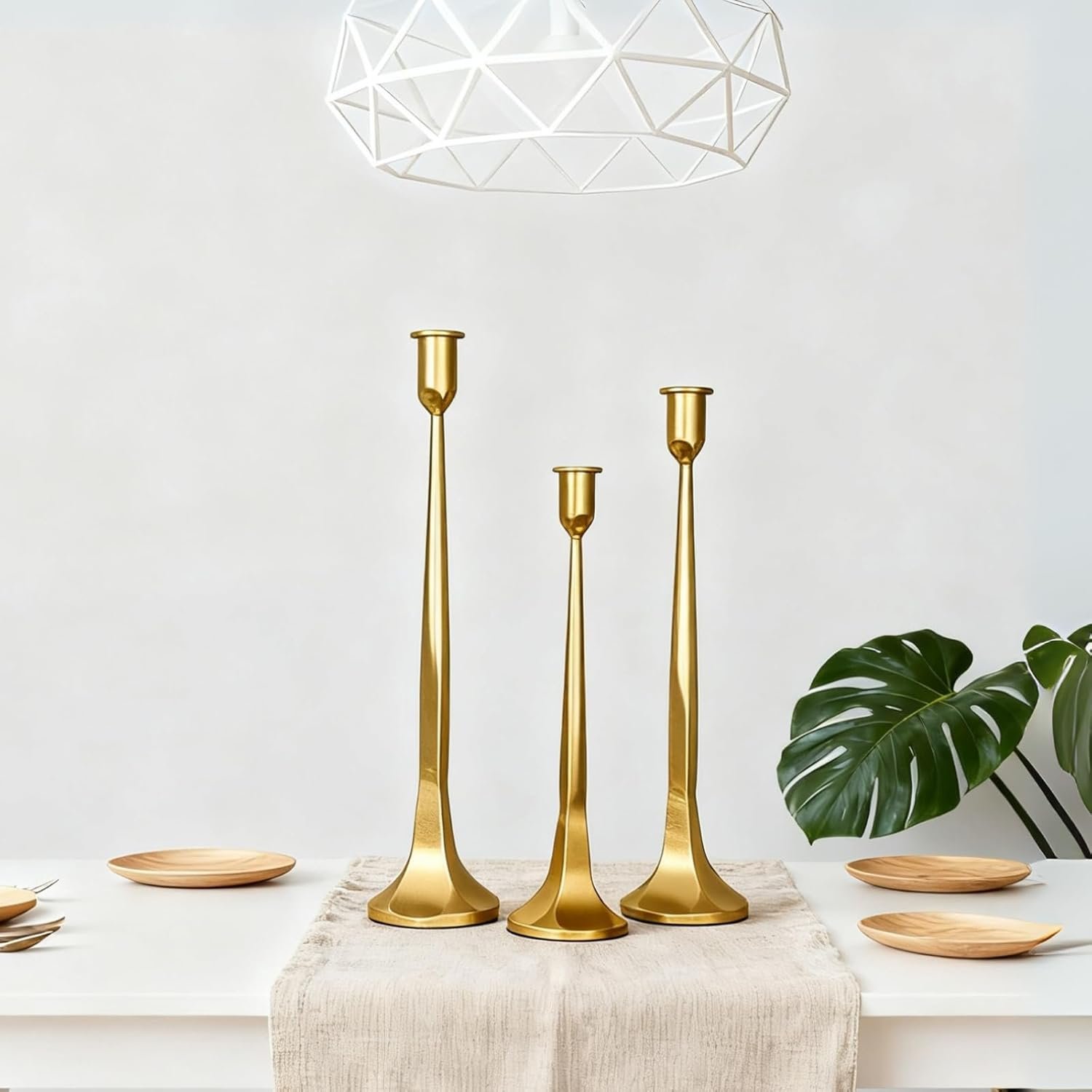 Set of 3 Gold Iron Candlestick Holders – Tapered Candle Holders for 3/4″ Candles, Tall Candle Stick Set for Dining Table, Wedding, and Home Décor