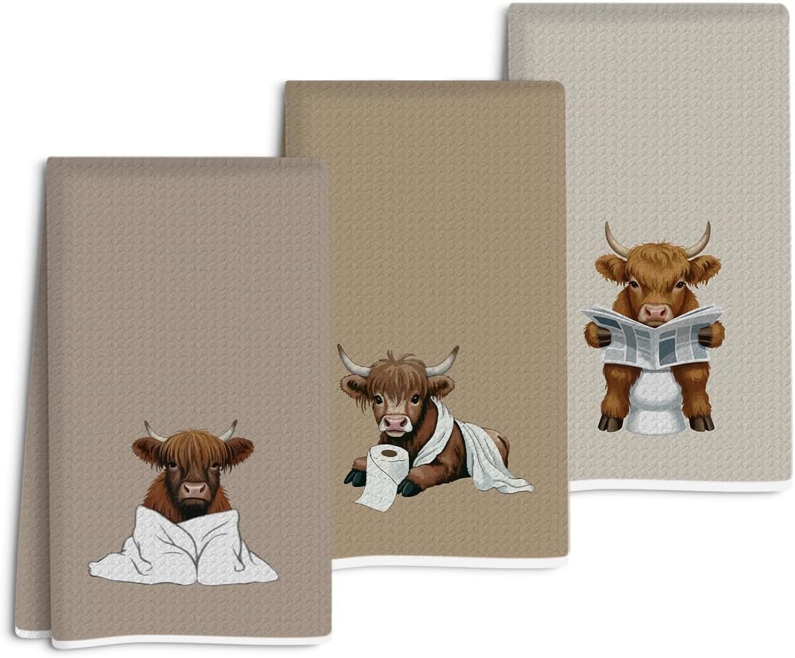 3 Pcs Highland Cow Hand Towels Farmhouse Decorative Bathroom Towels, Absorbent Decorative Waffle Weave Hand Towel Guest Towel, Gifts for Women Friend Sister Coworker Birthday Christmas Mothers Day