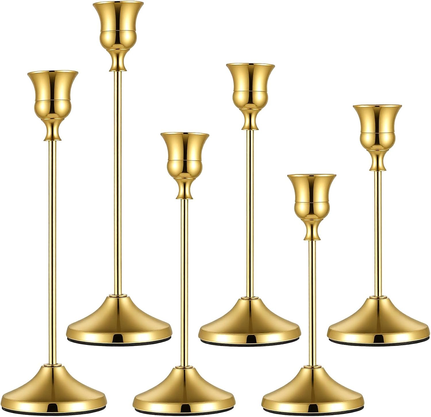 2 Sets 6 Pcs Gold Metal Taper Candle Holders, Candlestick Holders, 7cm Diameter Taper Candle Holder Bulk for Table Centerpieces Candlesticks for Ramadan Wedding Christmas Party Table Decor-23/19/16cm