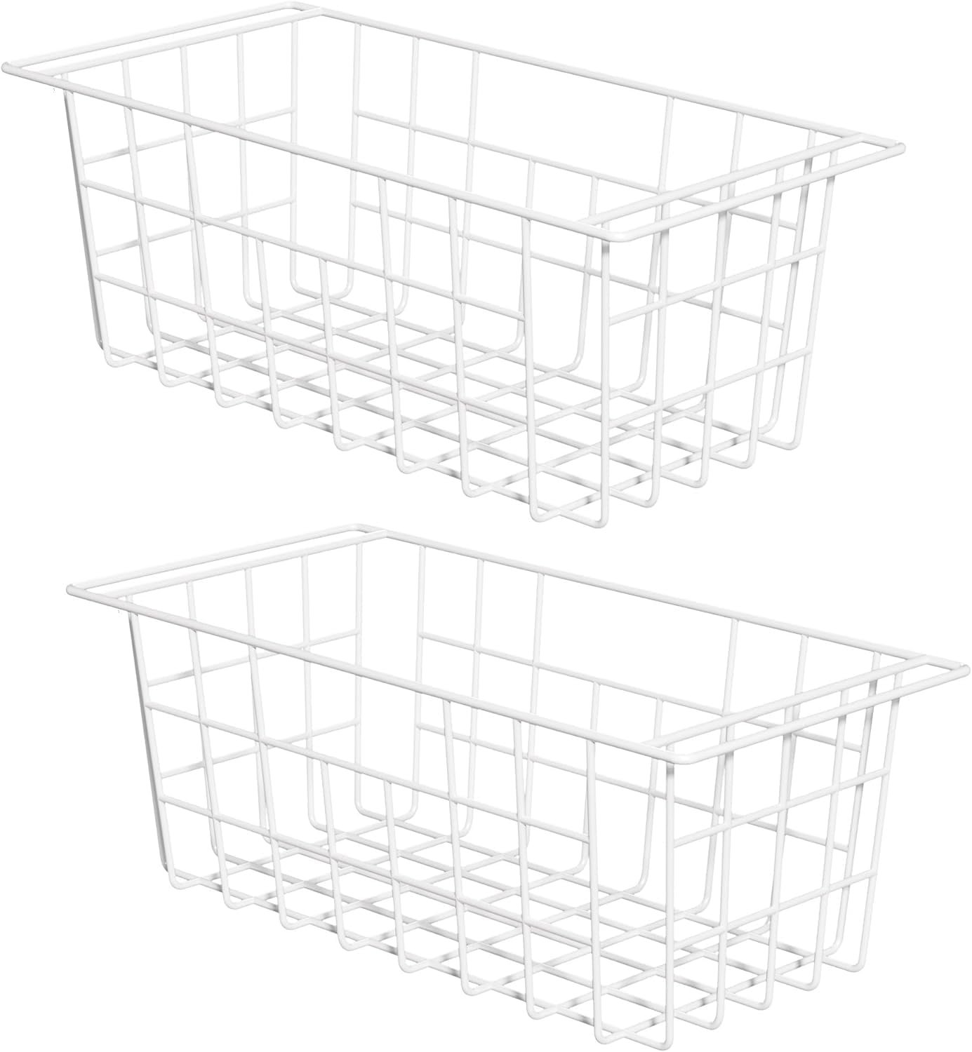 Slideep Chest Freezer Organizer Bins 16.5 Inch, Deep Upright Freezer Baskets Metal Wire Storage Container for Kitchen, White, Set of 2