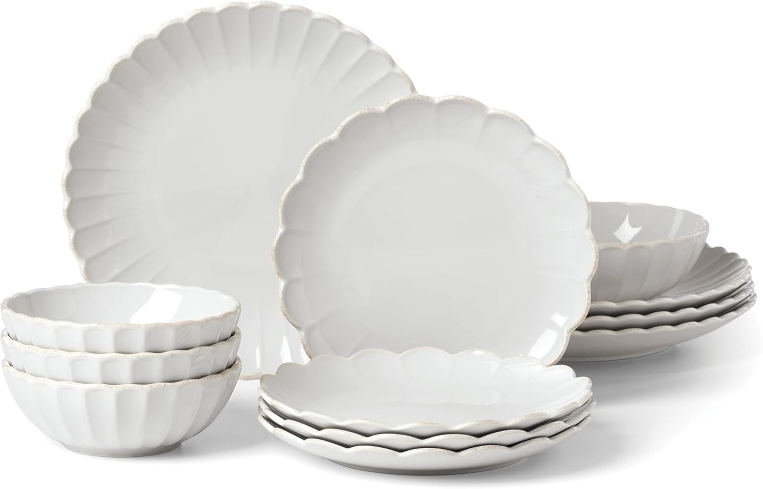 Lenox Stoneware Dinnerware Sets, French Perle Scallop 12-Piece Dinnerware Set for 4, Service For 4, Dishwasher Safe Dishware, White Dishes Set, Stoneware Dinner Plates and Bowls Sets (White, 12 Piece)