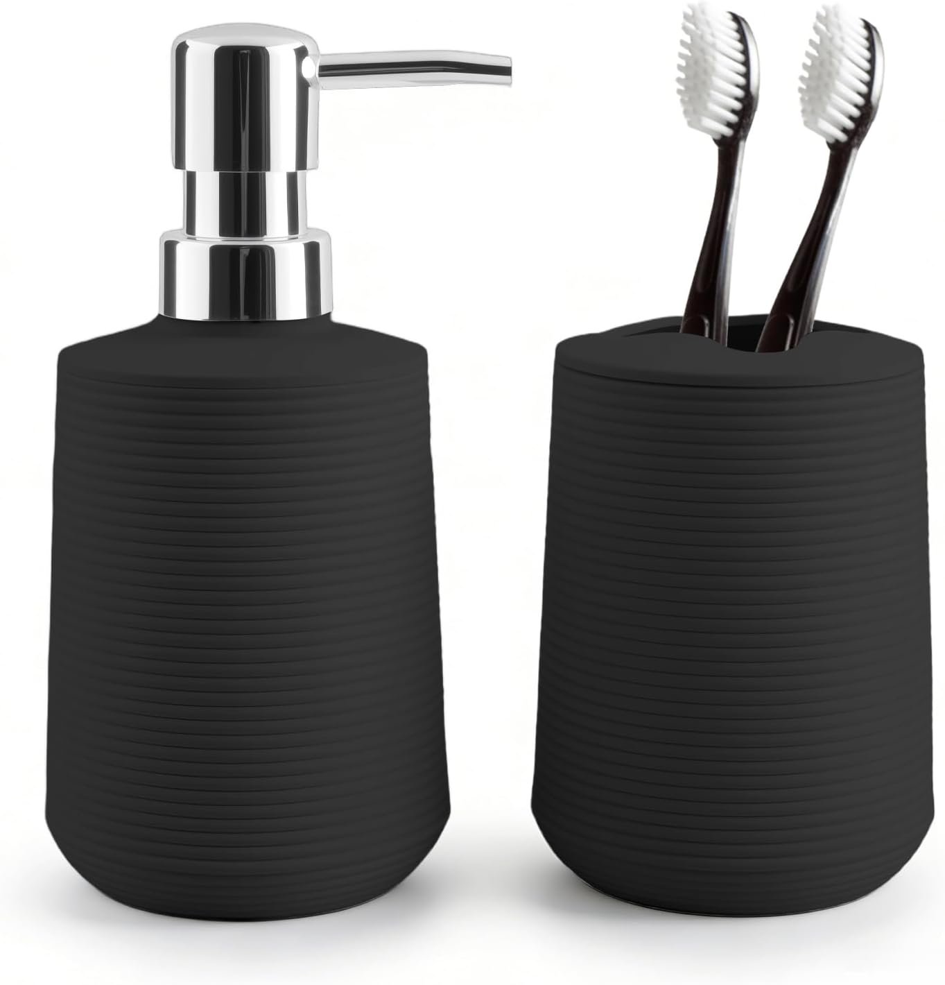 Bathroom Accessories Set 2 Piece, Matte Black Bathroom Accessories with Soap Dispenser and Toothbrush Holder, Striped Pattern Bathroom Set for Modern Bathroom Decor