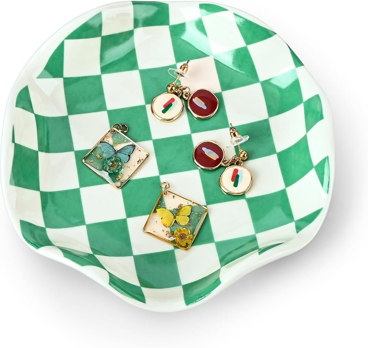 Koythin Ceramic Jewelry Tray, Checkered Pattern Aesthetic Decorative Trinket Dish for Rings, Earrings Necklaces Bracelet Watch Holder, Small Key Bowl, Birthday Mother’s Day for Women (Green)