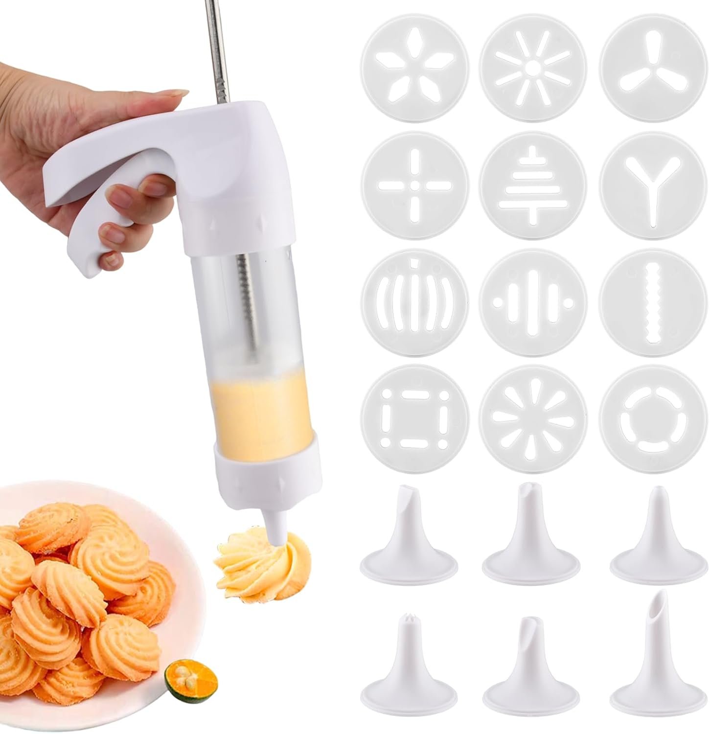 Cookie Press Gun, Icing Gun Kit with 12 Cookie Discs and 6 Piping Tips, Biscuit Maker Machine for DIY cake Maker Decorating Baking Supplies(White)