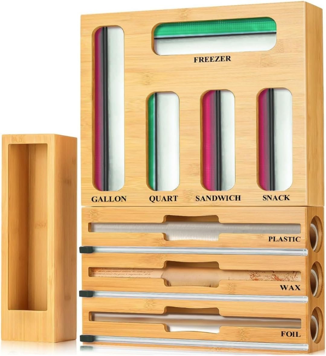 9 in 1 Storage Bag Organizer for Kitchen Drawer, Bamboo Foil and Plastic Wrap with Cutter, Ziplock Bag Organizer for Quart, Gallon, Sandwich & Snack Bags – Aluminum Foil Organizer