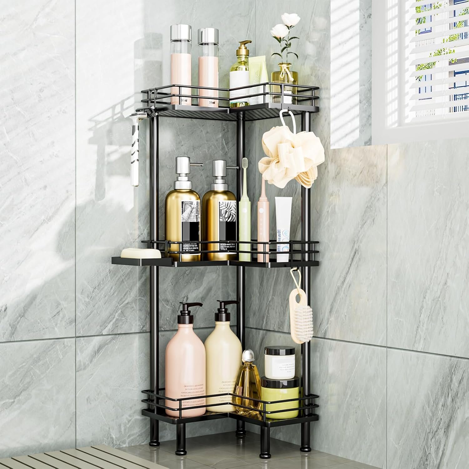 Consumest Corner Shower Caddy Standing – 3-Tier Stainless Steel Shower Organizer with Soap Holder and 4 Hooks, Large Capacity Corner Shelf Stand for Bathroom, Rest Room, Black