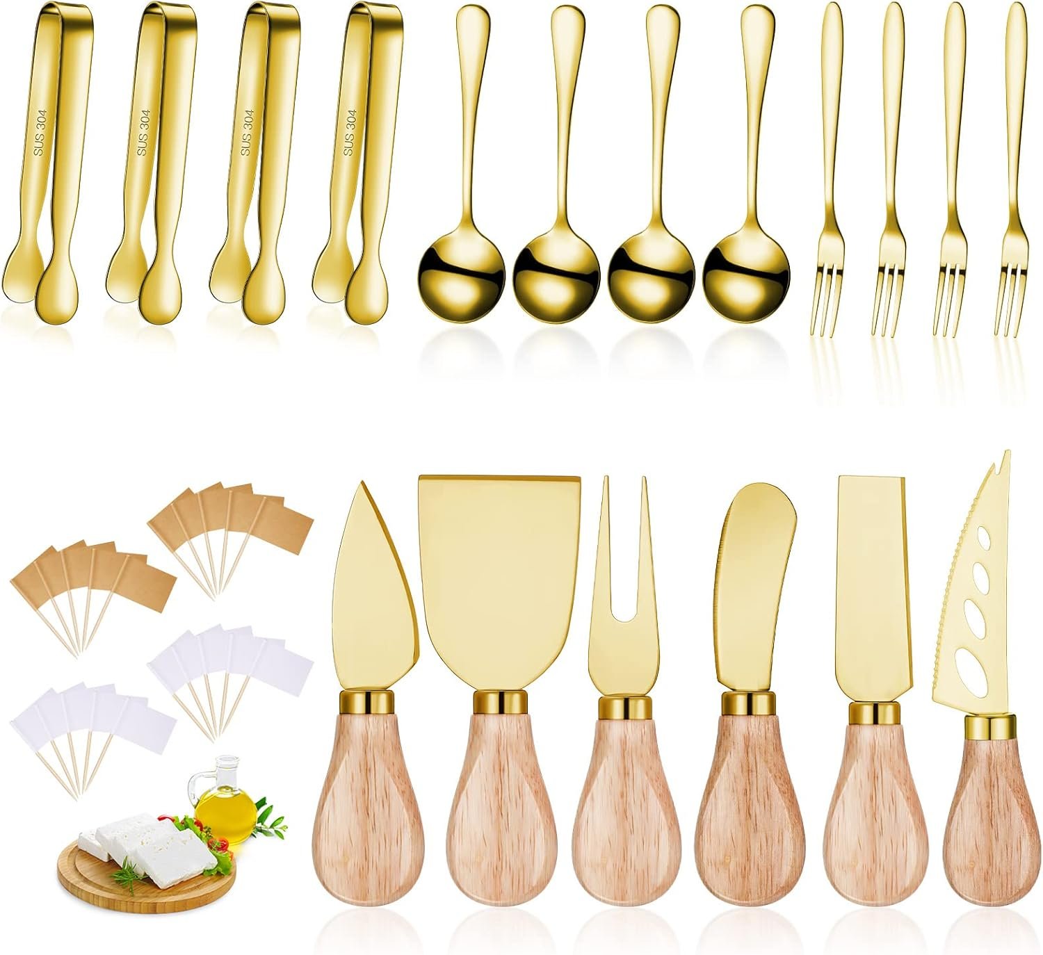 Charcuterie Board Accessories Spreader Knife Set Cheese Butter Spreader Knife Charcuterie Utensils with Wooden Handles Mini Serving Tongs Spoons Forks for party Wedding Christmas (Gold, 18 Pieces)