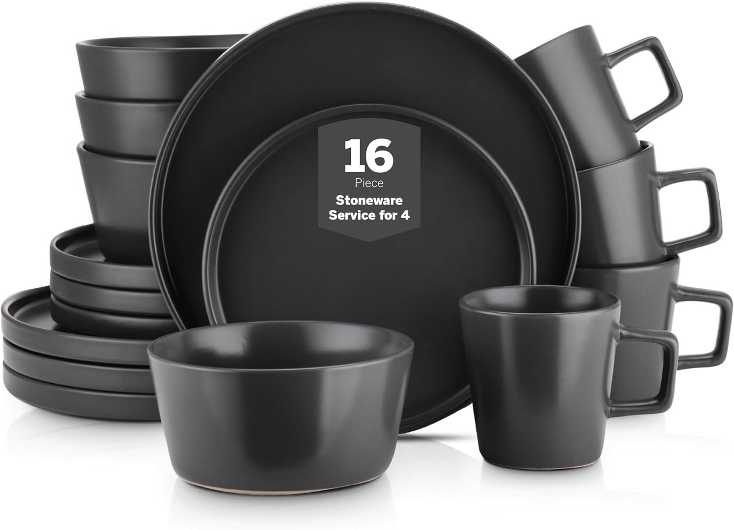 Stone Lain Celina Stoneware 16 Piece Modern Dinnerware Set, Plates and Bowls, Black Matte, Service for 4, Microwave & Dishwasher Safe
