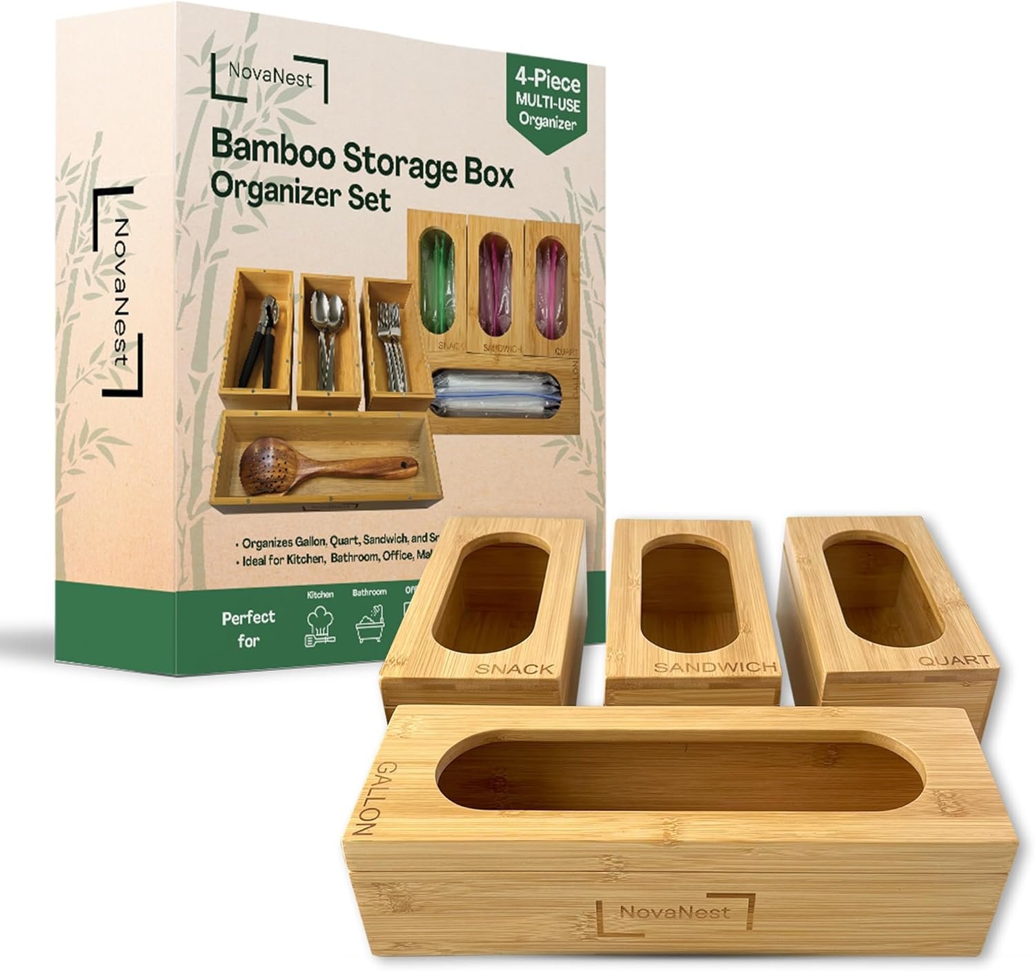 4PCS Bamboo Storage Bag Organizer Set Multi-Use Baggie Organizers for Gallon, Quart, Sandwich, Snack Food Bags, Tea Bag, Silverware, Ideal for Kitchen, Office, Makeup, Bathroom, Utensil, Junk Drawer