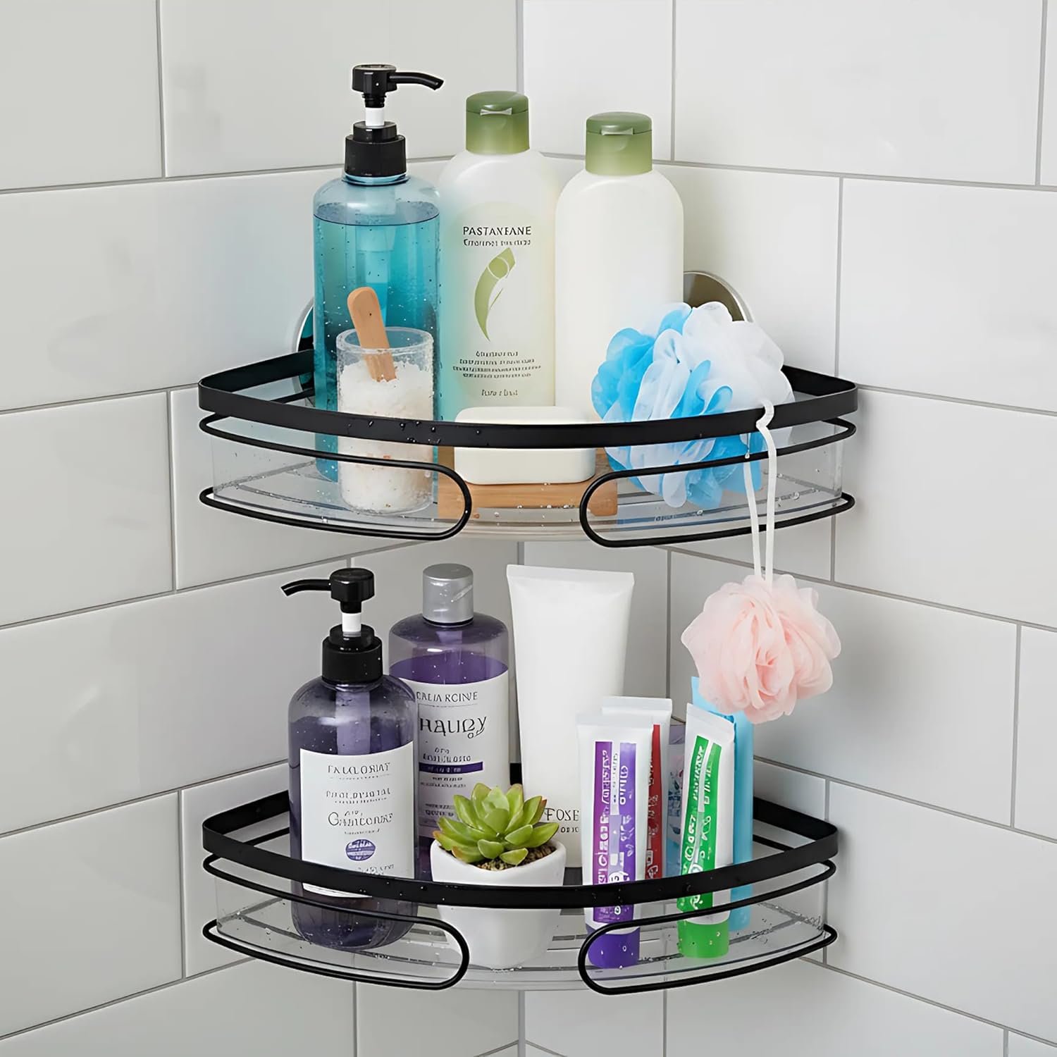 2-Pack Adhesive Corner Shower Caddy, Rustproof Bathroom Organizer, Wall Mounted Shower Shelf, No Drilling Shower Storage Rack (Triangle, Black)