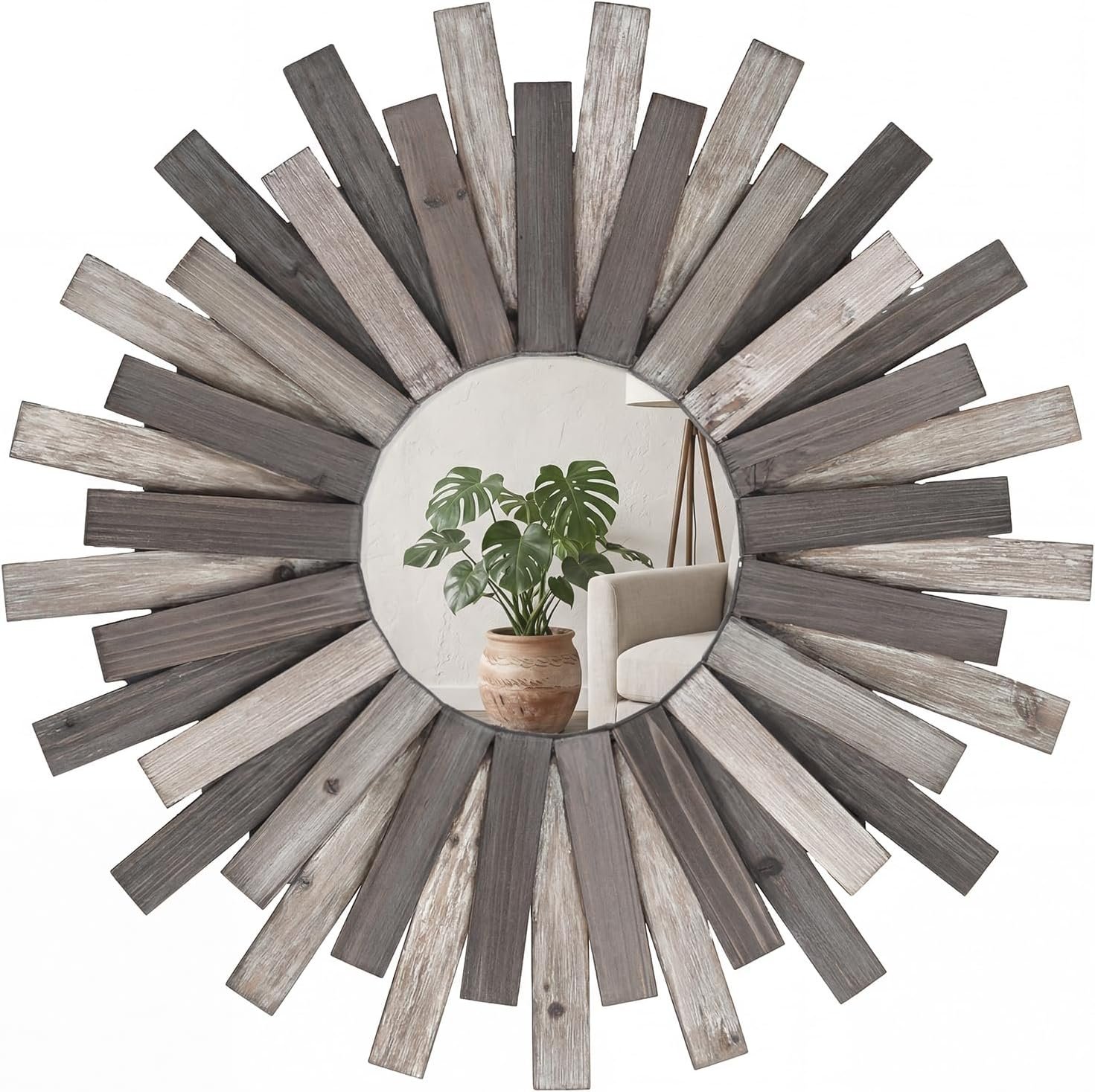 24″ Rustic Wood Sunburst Wall Mirror, Farmhouse Wooden Wall Decor Mirror for Entryway, Living Room, Boho Farmhouse Home Decor(Multi Color)