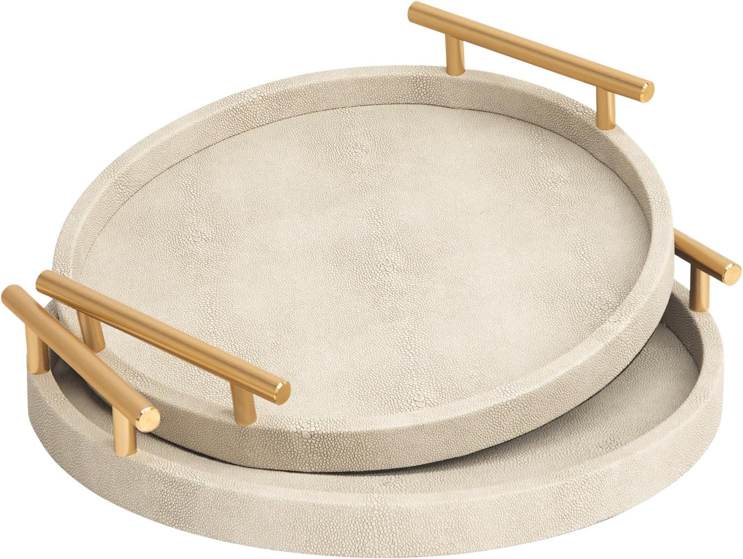 Modern Shagreen Tray, Round Serving Tray with Gold Polished Metal Handles, Decorative Trays Coffee Table Ottoman Trays for Living Room Bathroom Home Decor, Set of 2 (Ivory)