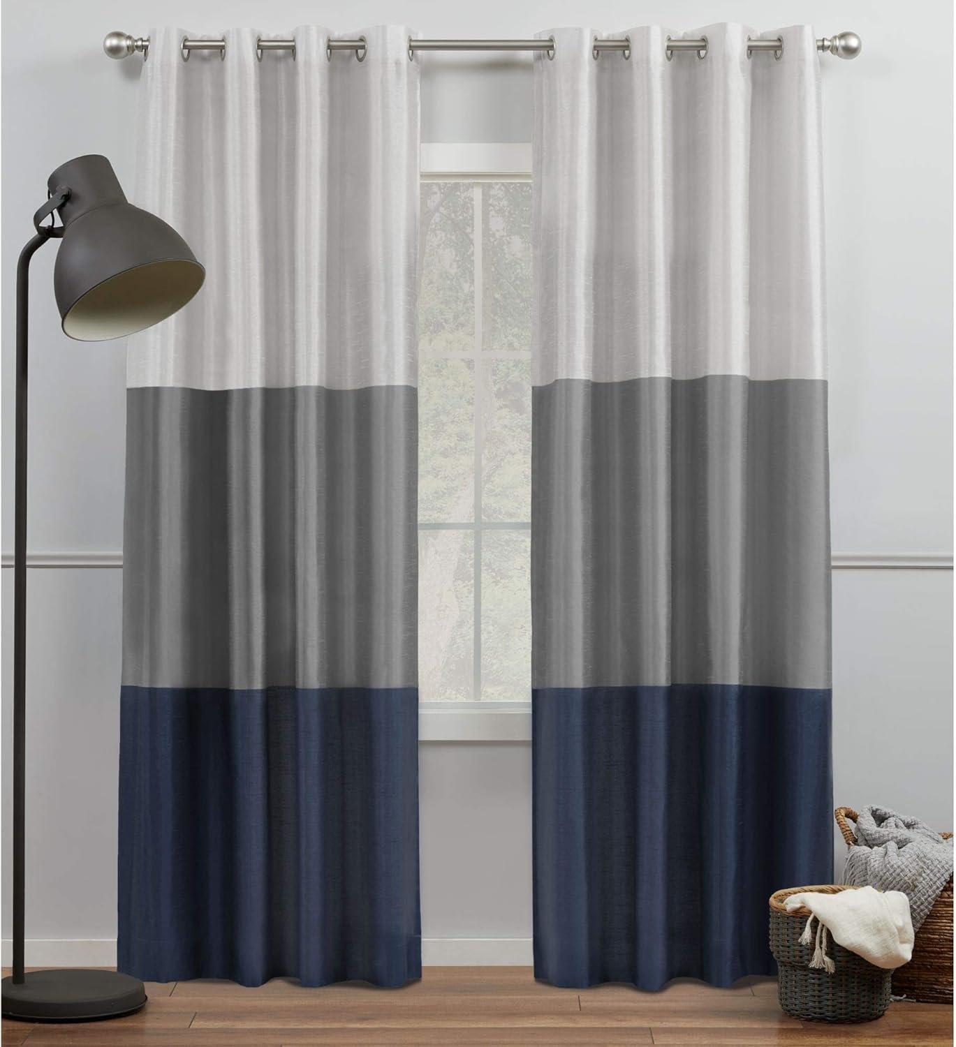 Exclusive Home Chateau Striped Faux Silk Grommet Top Curtain Panel Pair, 54″x96″, Navy Grey