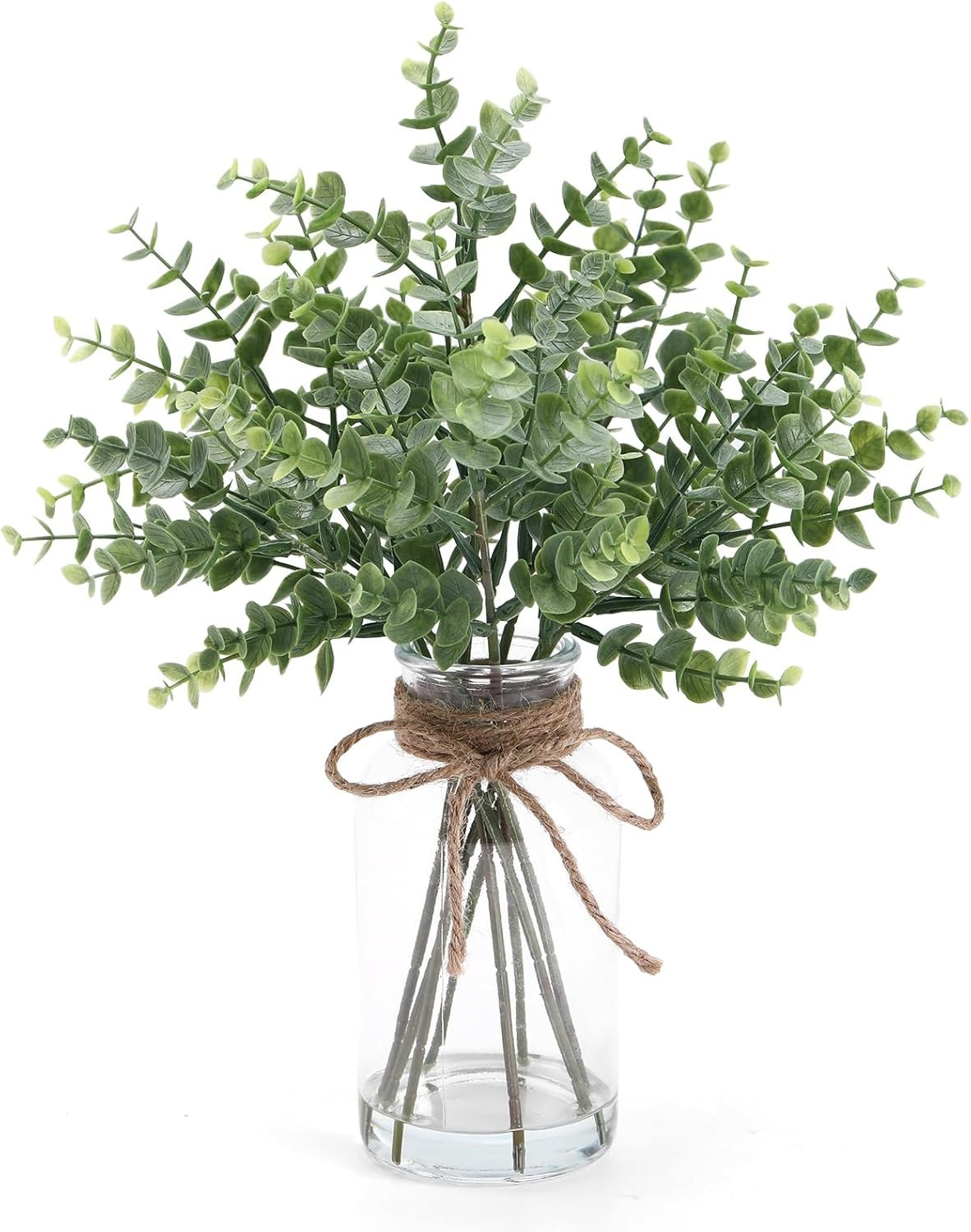 Eucalyptus Stems in Glass Vase with Faux Water, 14″ Eucalyptus Fake Plants for Home Bathroom Counter Office Kitchen Farmhouse Shelf Centerpiece Coffee Table Decor(Sage Green)