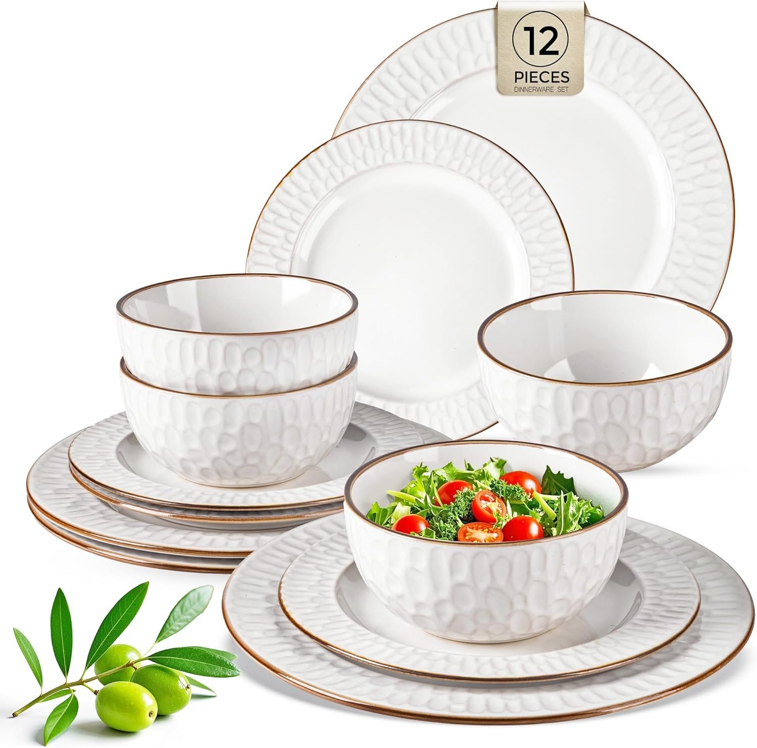 GBHOME Ceramic Dinnerware Sets,12 pcs Embossed Elegant Stoneware Plates and Bowls Sets, Housewarming Wedding Gift | Dishwasher & Microwave Safe | Dishes Set Service for 6