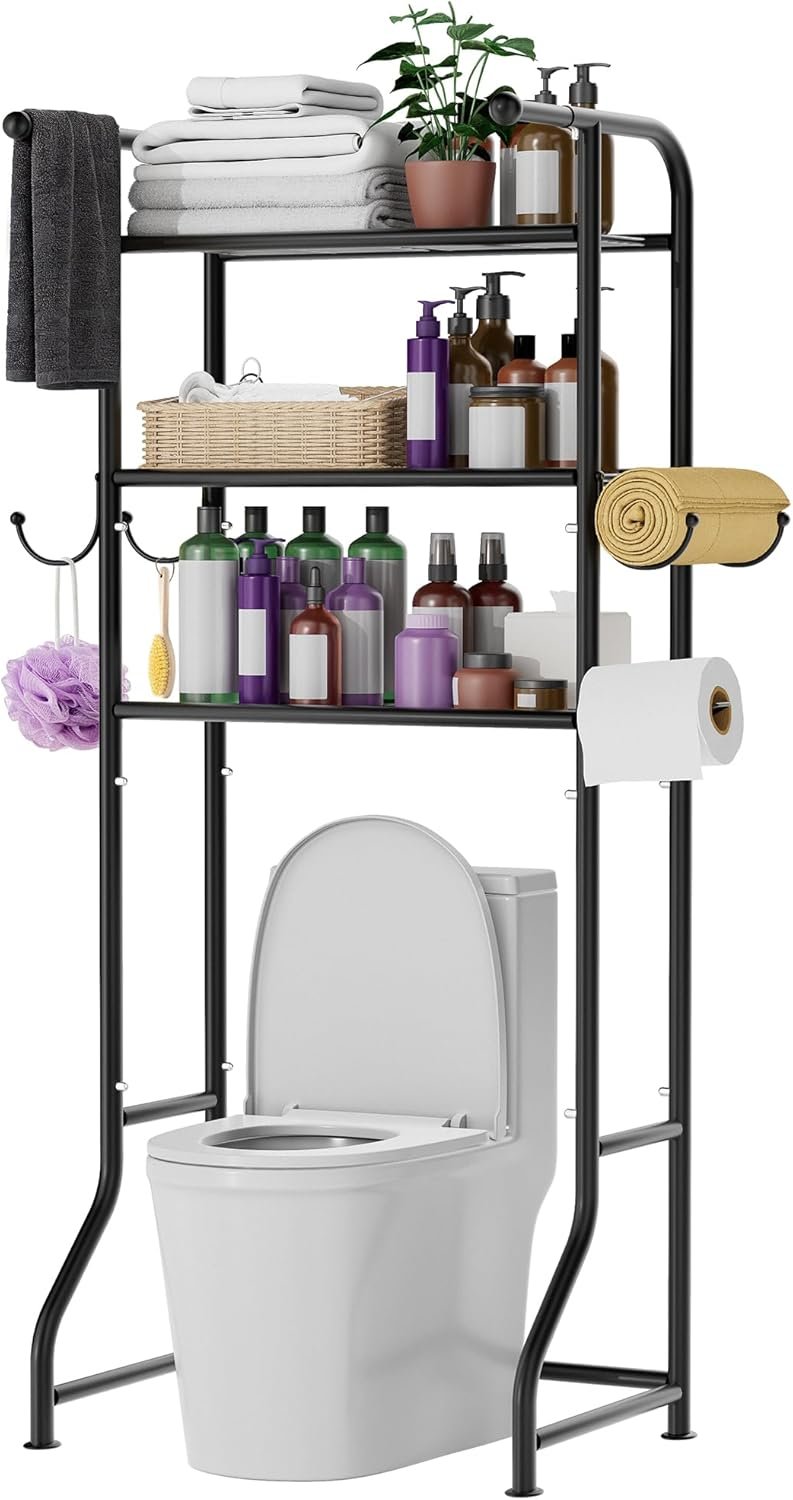 3-Tier Over The Toilet Storage Shelf，Bathroom Organizers and Storage Over Toilet，Metal Bathroom Space Saver with 2 Bars，1 Paper Holder and 4 Hooks,Black