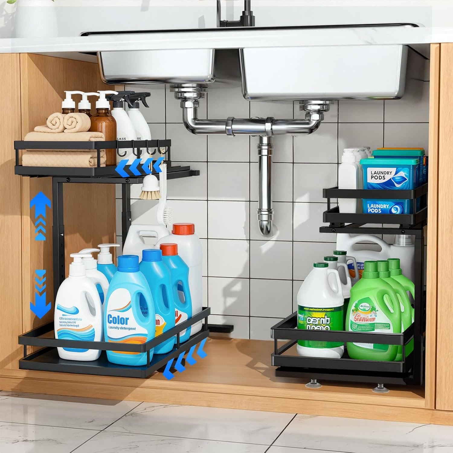 Under Sink Organizer, Dual-Rail Ball-Bearing, Under Kitchen Sink Organizer, 6-Level Adjustable, Under Cabinet Organizer, No-Drill Adhesive/Suction, Under Sink Storage (Matte Black, 2-Pack)