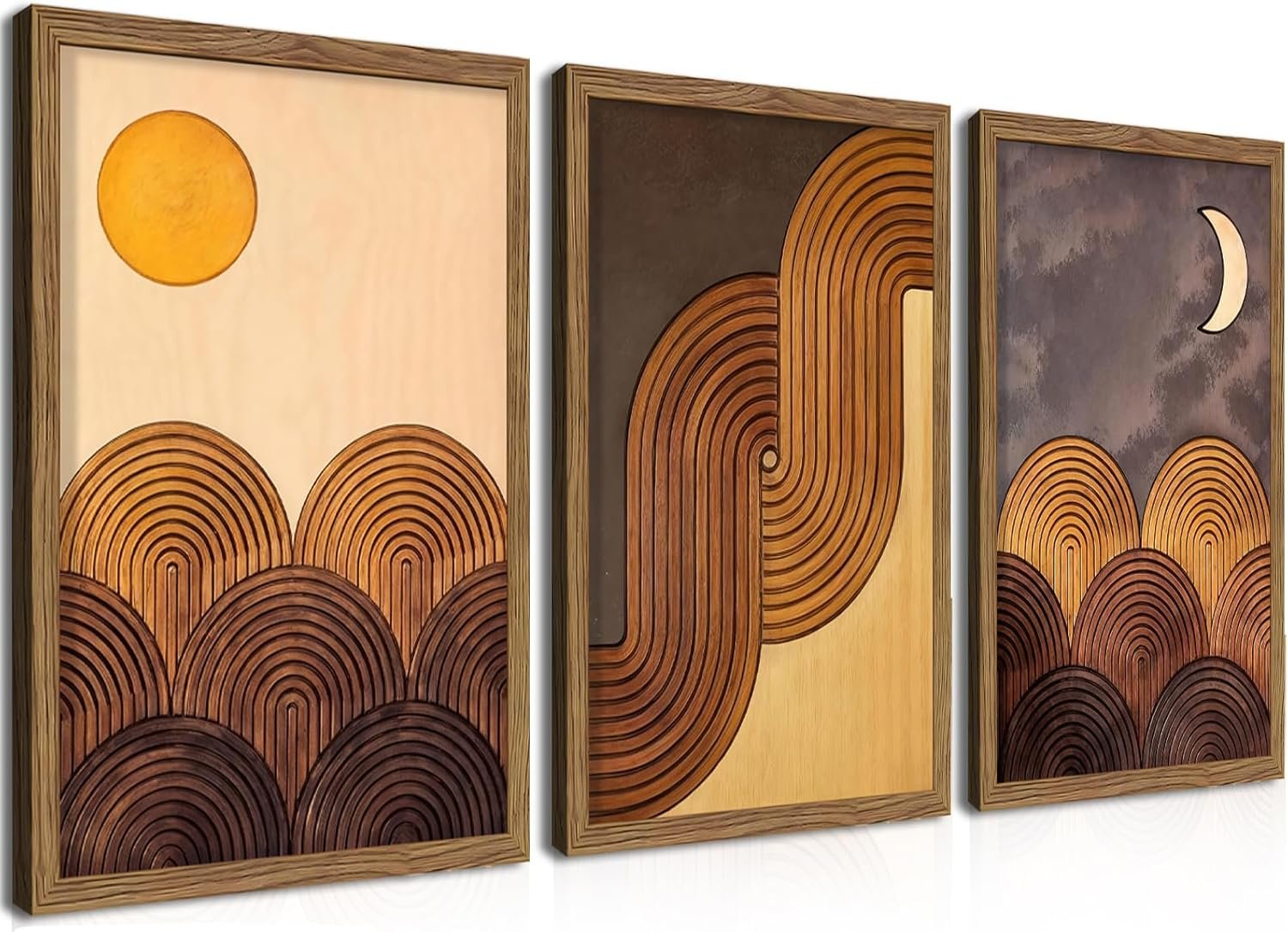raiqtols Abstract Framed Wooden Canvas Wall Art Set of 3 – Sun Moon Geometric Boho Modern Wall Decor, Golden Brown Mid Century Prints with Wooden Frame for Living Room Bedroom – 12x16in