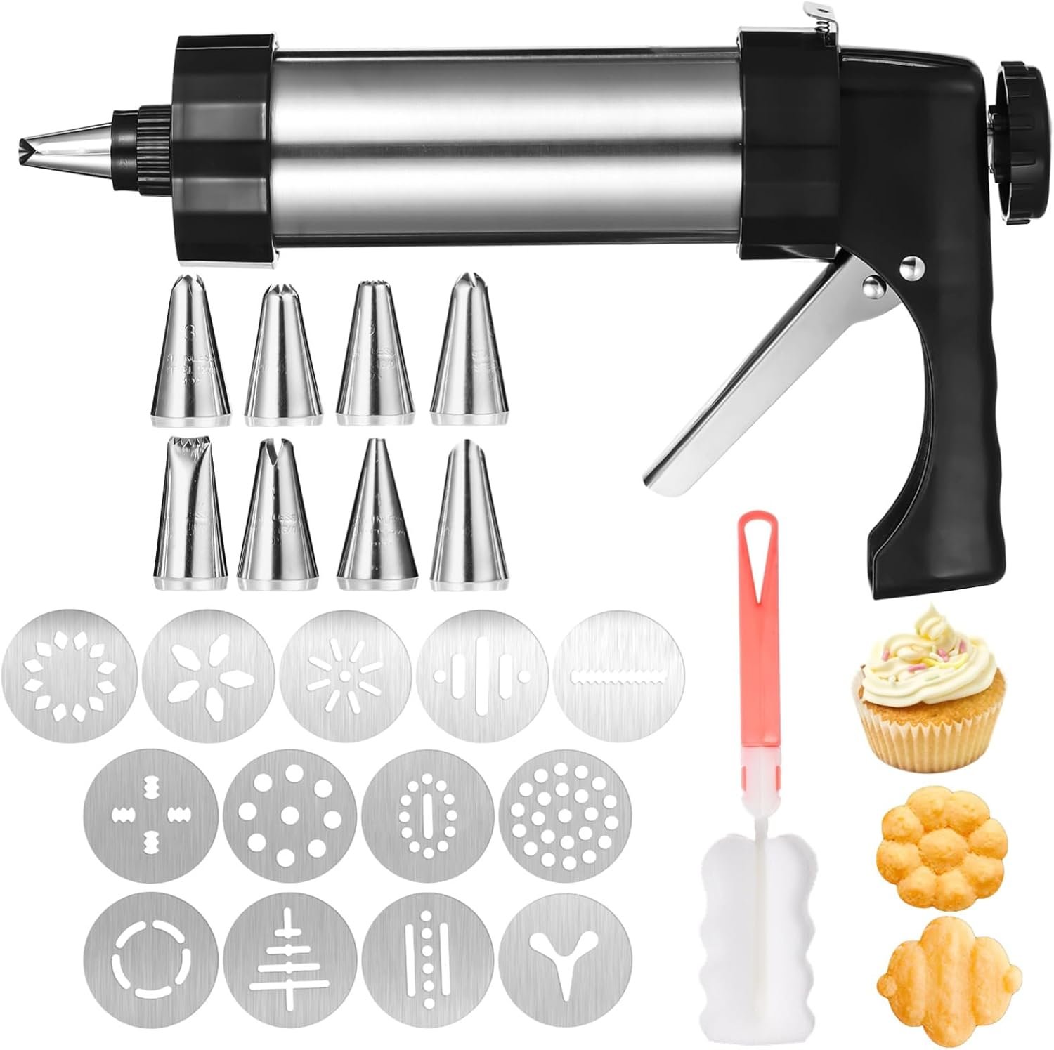 Cookie Press Gun Kit,Stainless Steel Cookie Press for Baking Maker Gun with 13 Discs,8 Piping Tips and Cleaning Brush for DIY Cakes,Dessert