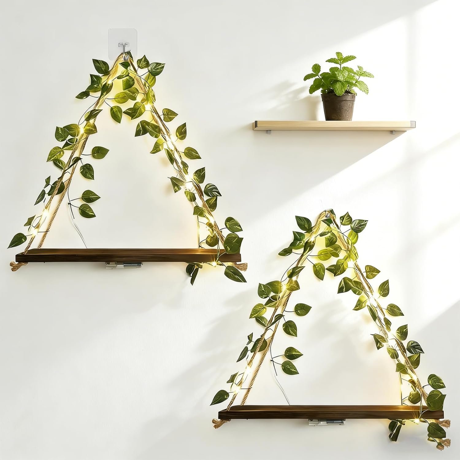 Boho Hanging Shelves for Wall, Set of 2 Wooden Hanging Shelf with LED Lights & Ivy Vines, Decorative Plant Hanging Shelf for Bedroom Living Room Cottagecore Wall Decor